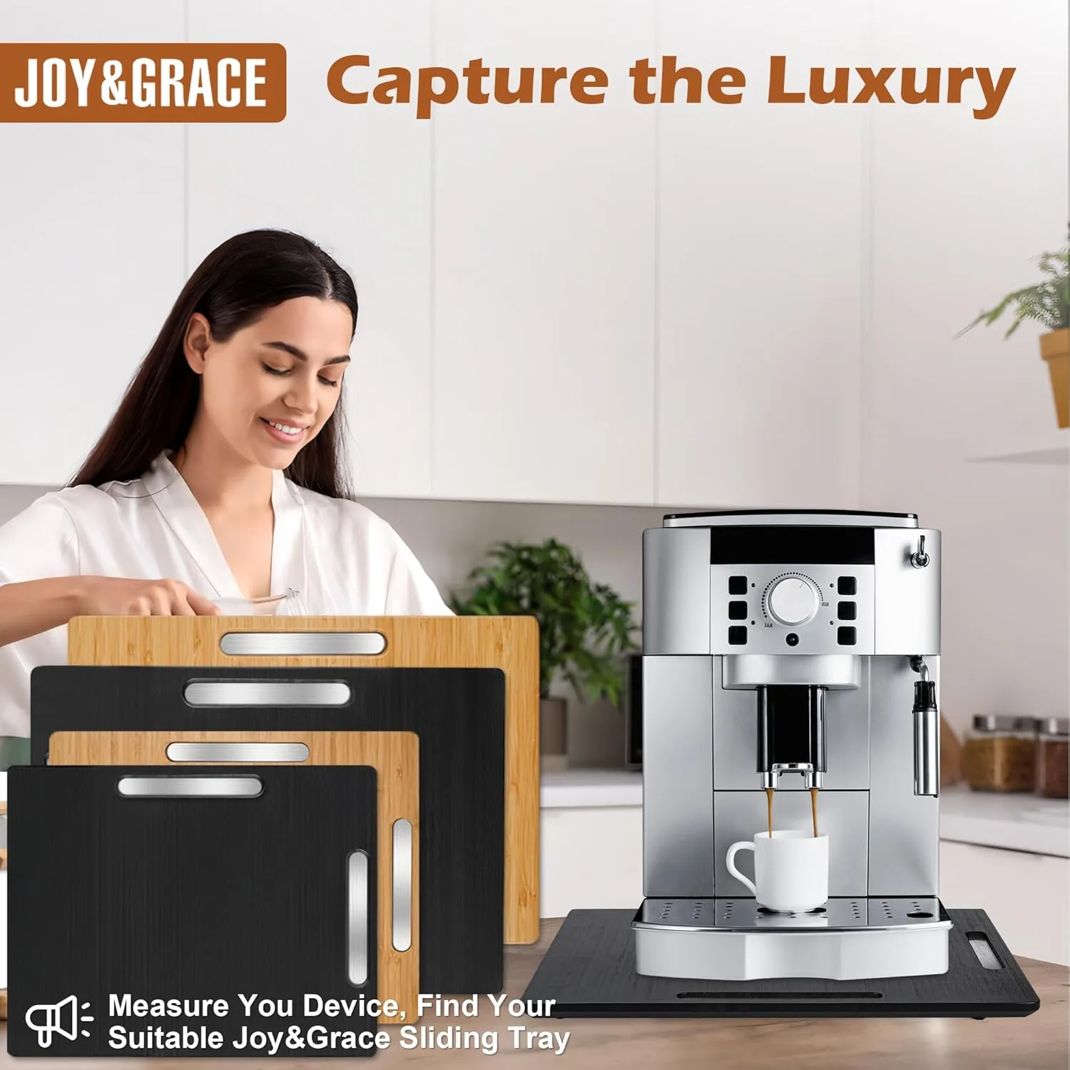 Joy&Grace Appliance Slider for Kitchen Appliances 360° Rolling Sliding Tray for Coffee Maker Countertop, Bamboo Coffee Pot Slider Rolling Tray with Universal Rollers (Black, Large 16"x13")