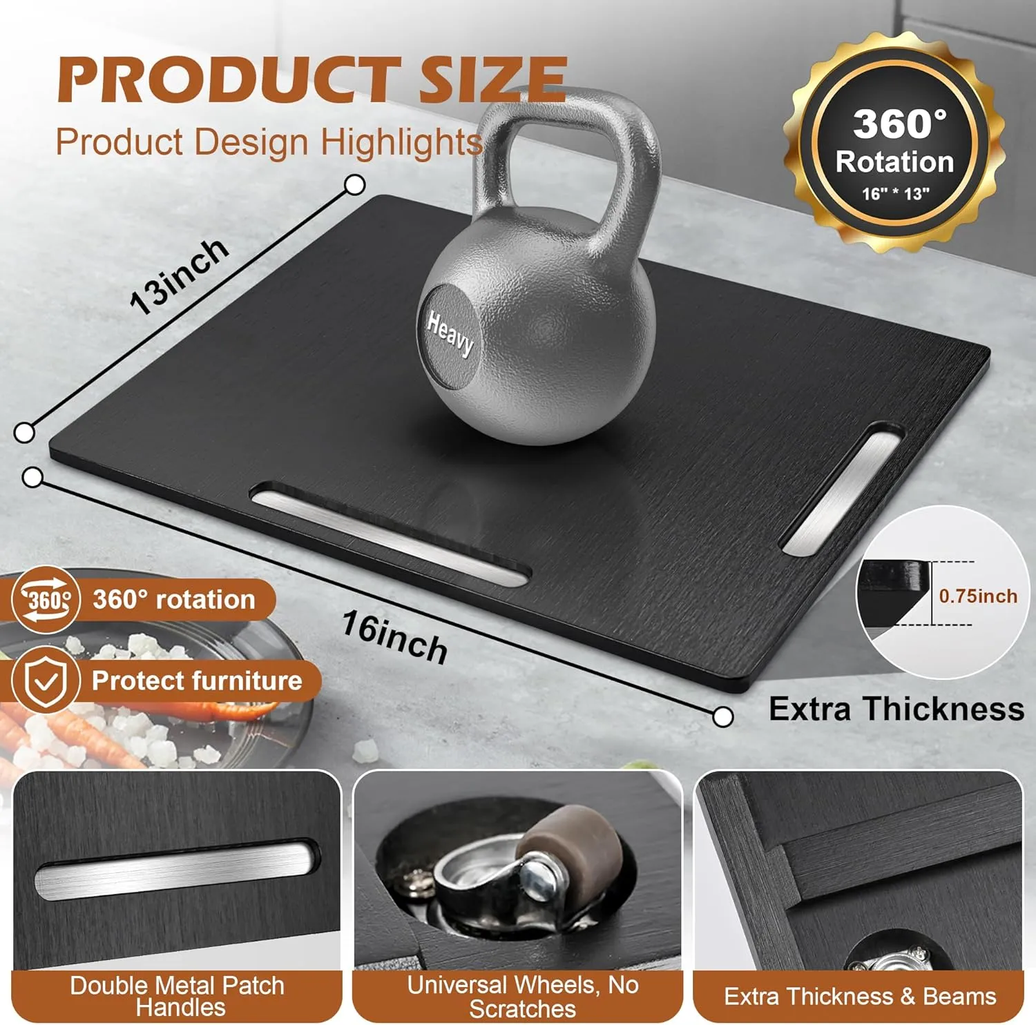 Joy&Grace Appliance Slider for Kitchen Appliances 360° Rolling Sliding Tray for Coffee Maker Countertop, Bamboo Coffee Pot Slider Rolling Tray with Universal Rollers (Black, Large 16"x13")