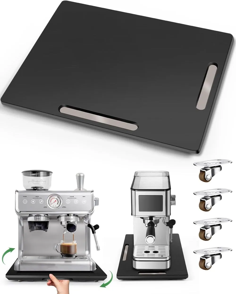Joy&Grace Appliance Slider for Kitchen Appliances 360° Rolling Sliding Tray for Coffee Maker Countertop, Bamboo Coffee Pot Slider Rolling Tray with Universal Rollers (Black, Large 16"x13")