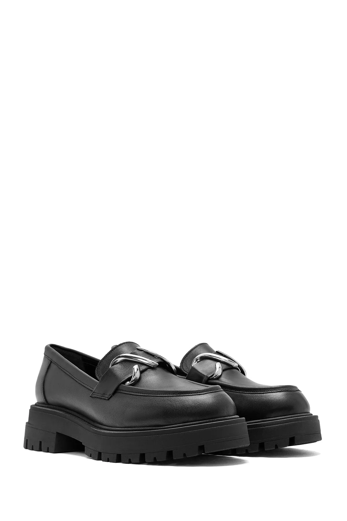 Kadın Siyah Toka Detaylı Deri Maskülen Loafer