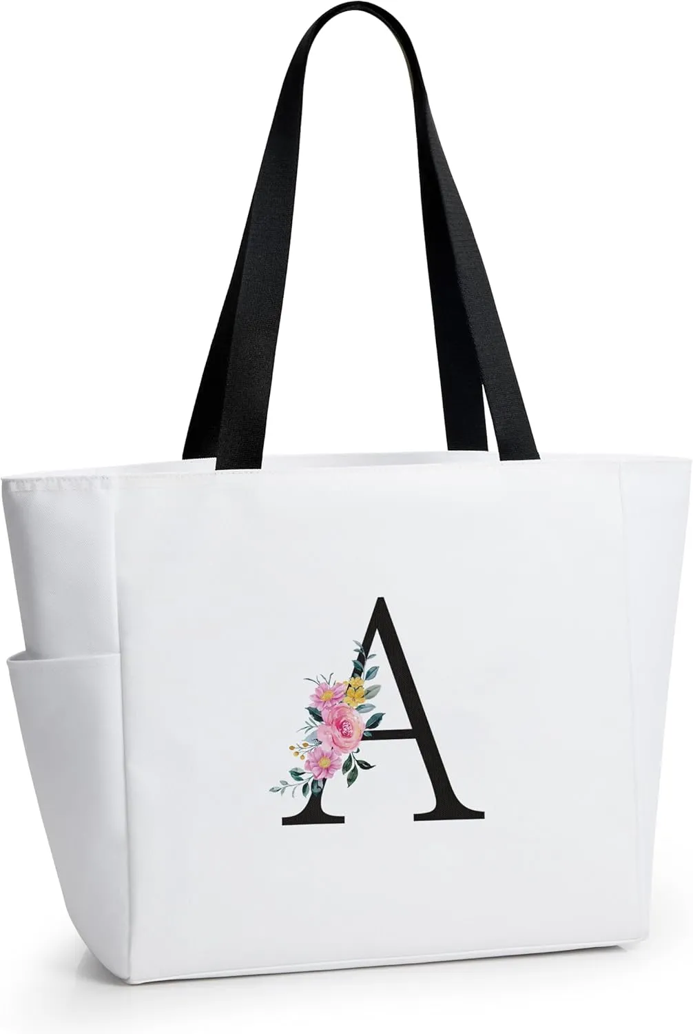 KALIDI Personalized Beach Tote Bag, Initial Alphabet Gift Zipper Grocery Bag for Mom Teacher Friend Wedding Daily Shopping