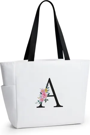 KALIDI Personalized Beach Tote Bag, Initial Alphabet Gift Zipper Grocery Bag for Mom Teacher Friend Wedding Daily Shopping