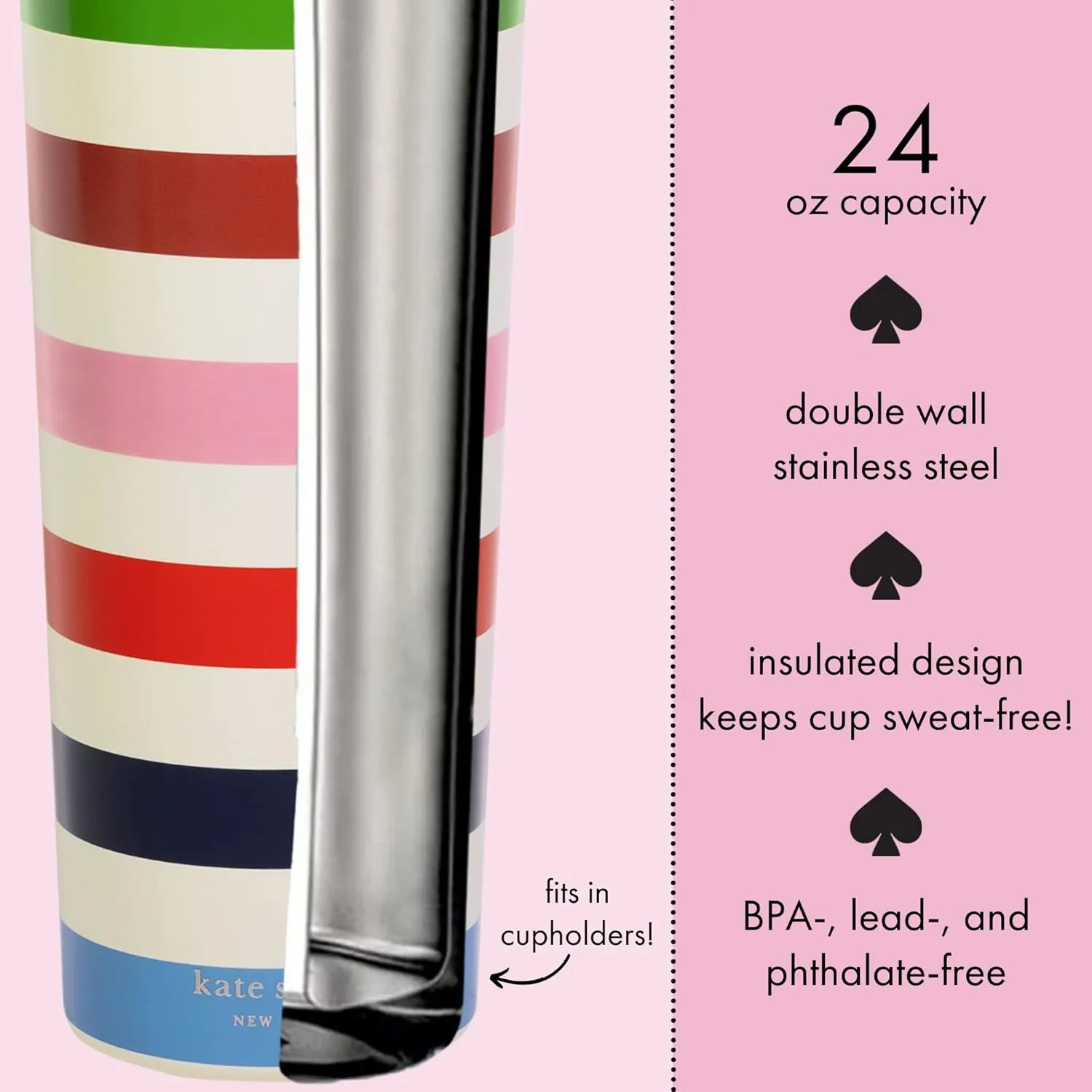 kate spade new york Cute Stainless Steel Mug, 24 Ounce Travel Tumbler, Double Wall Insulated Cup with Lid, Adventure Stripe