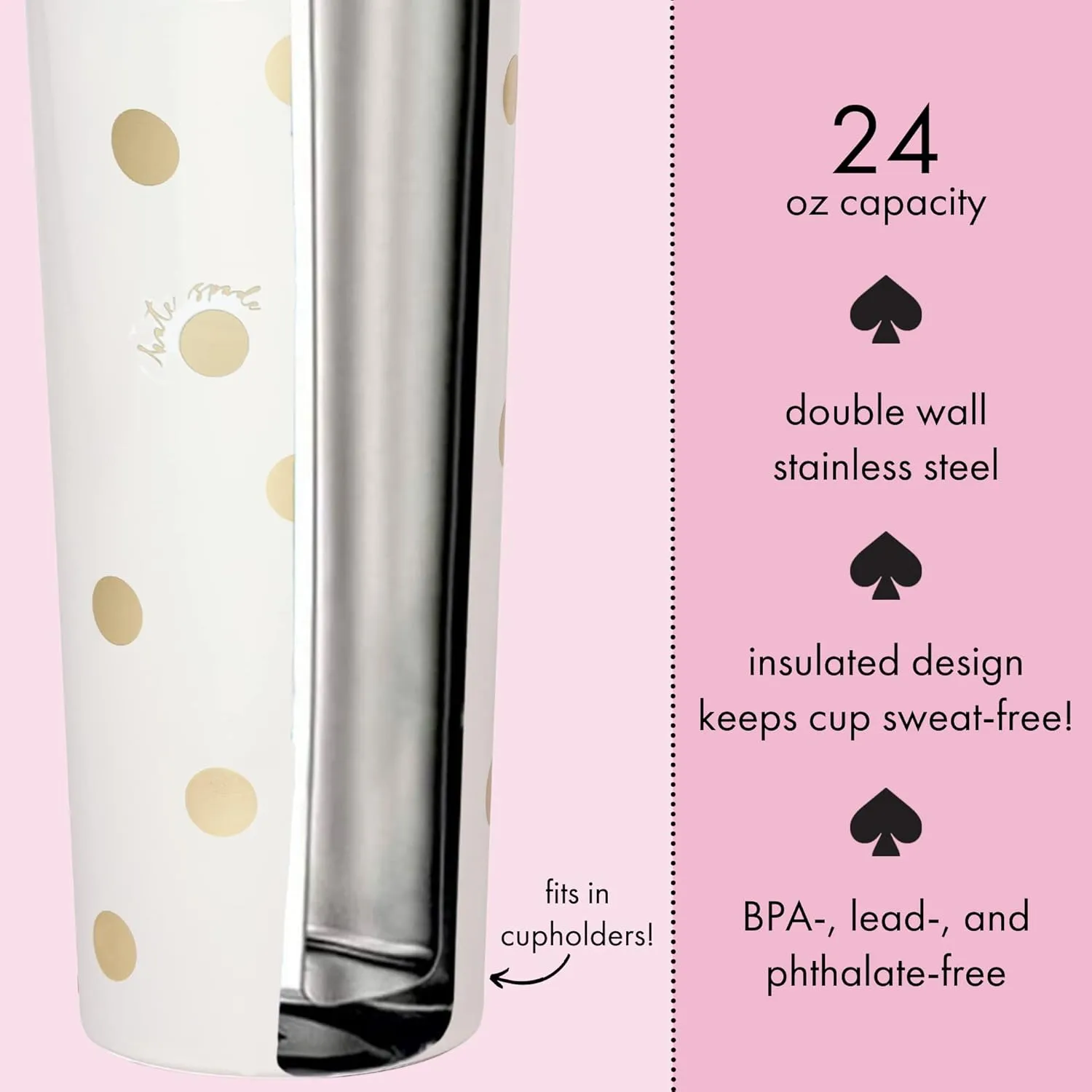 kate spade new york Cute Stainless Steel Mug, 24 Ounce Travel Tumbler, Double Wall Insulated Cup with Lid, Gold Dot with Script