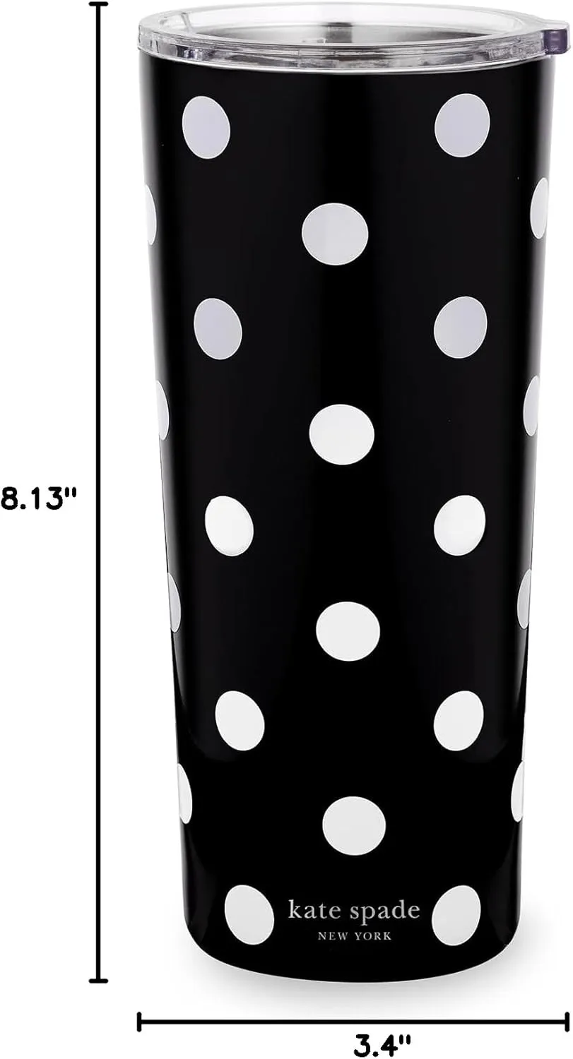 kate spade new york Cute Stainless Steel Mug, 24 Ounce Travel Tumbler, Double Wall Insulated Cup with Lid, Picture Dot (Black/White)