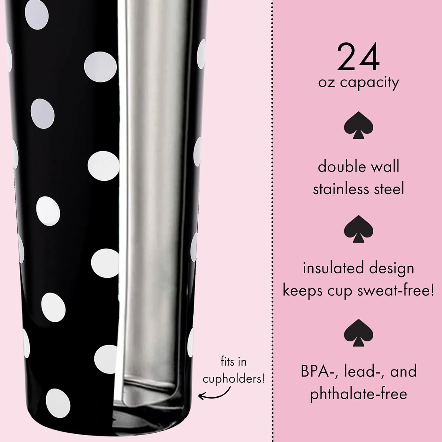 kate spade new york Cute Stainless Steel Mug, 24 Ounce Travel Tumbler, Double Wall Insulated Cup with Lid, Picture Dot (Black/White)