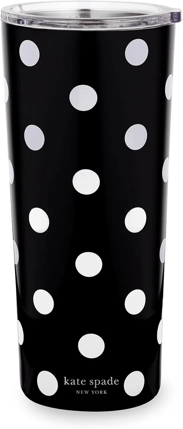 kate spade new york Cute Stainless Steel Mug, 24 Ounce Travel Tumbler, Double Wall Insulated Cup with Lid, Picture Dot (Black/White)