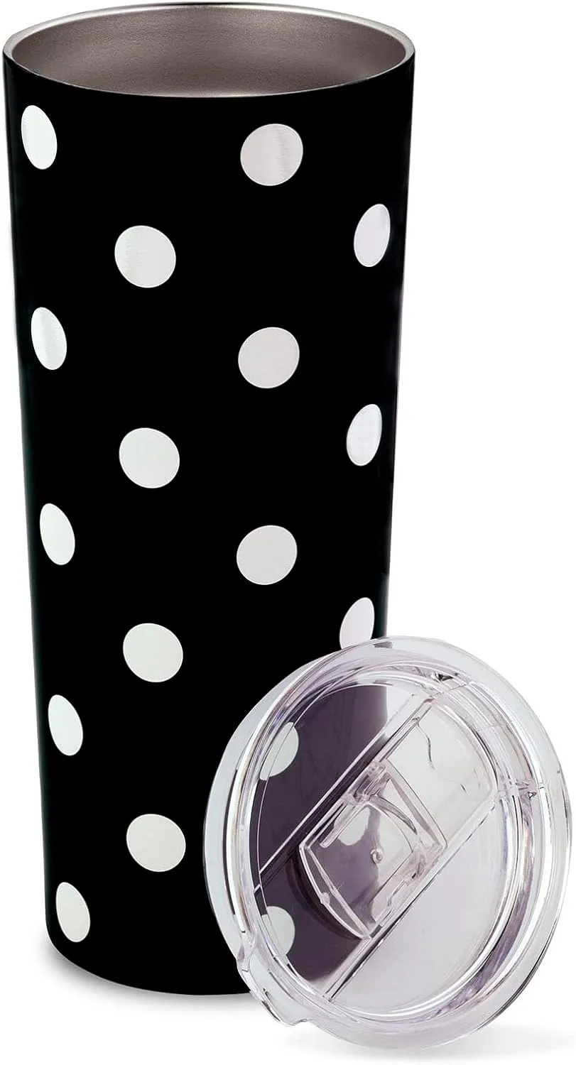 kate spade new york Cute Stainless Steel Mug, 24 Ounce Travel Tumbler, Double Wall Insulated Cup with Lid, Picture Dot (Black/White)