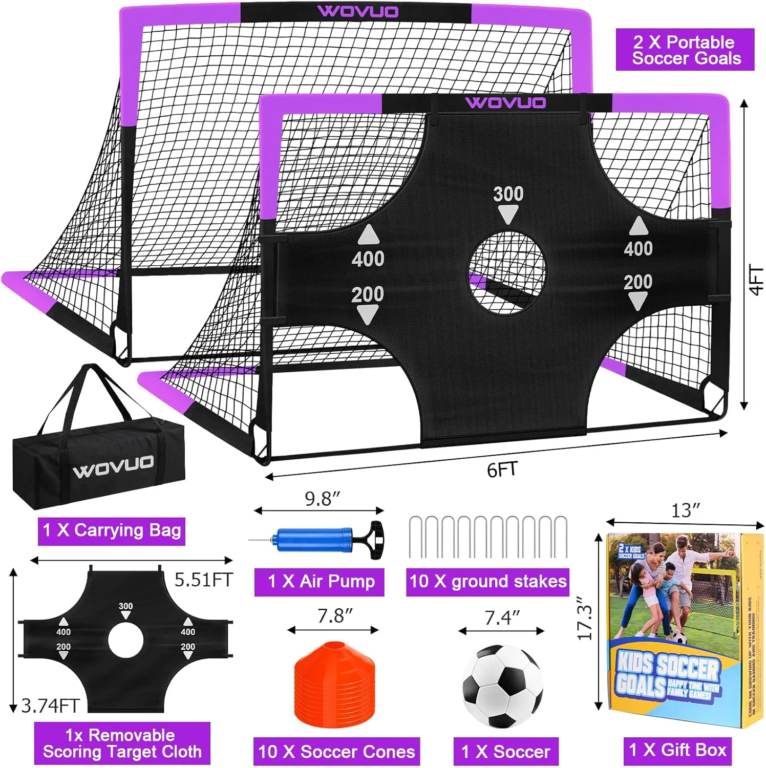 Kids Soccer Goals for Backyard Set of 2, 6x4 ft Portable Toddler Soccer Goal Training Equipment with Soccer Target, Ball, Cones, Soccer Net for Kids Age 3-5 6-8 8-12 10-12-14 Outdoor Sports Games Gift