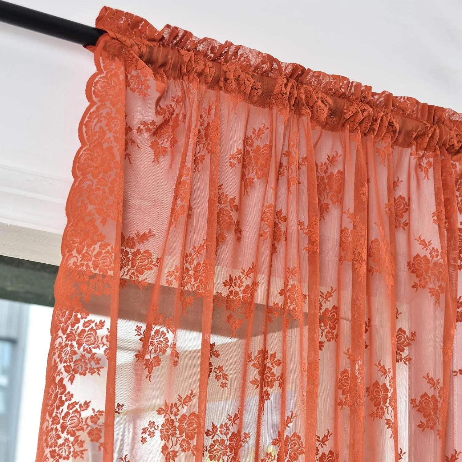 Kotile Burnt Orange Sheer Curtains for Bedroom, Country Rustic Floral Pattern Fall Curtains 63 Inch Length, Rod Pocket Privacy Scalloped Lace Rust Orange Curtain, 52 x 63 Inch, 2 Panels, Orange