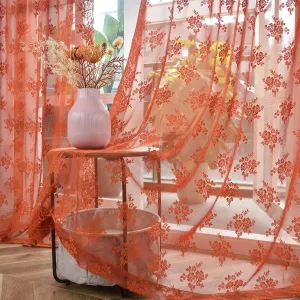 Kotile Burnt Orange Sheer Curtains for Bedroom, Country Rustic Floral Pattern Fall Curtains 63 Inch Length, Rod Pocket Privacy Scalloped Lace Rust Orange Curtain, 52 x 63 Inch, 2 Panels, Orange