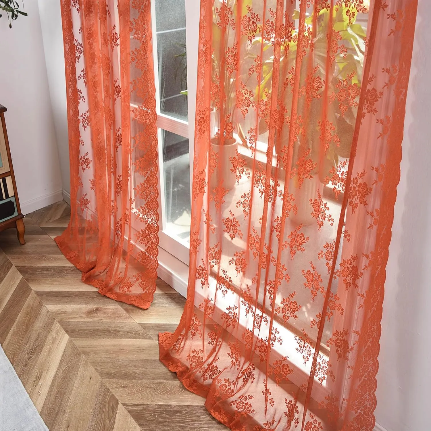 Kotile Burnt Orange Sheer Curtains for Bedroom, Country Rustic Floral Pattern Fall Curtains 63 Inch Length, Rod Pocket Privacy Scalloped Lace Rust Orange Curtain, 52 x 63 Inch, 2 Panels, Orange