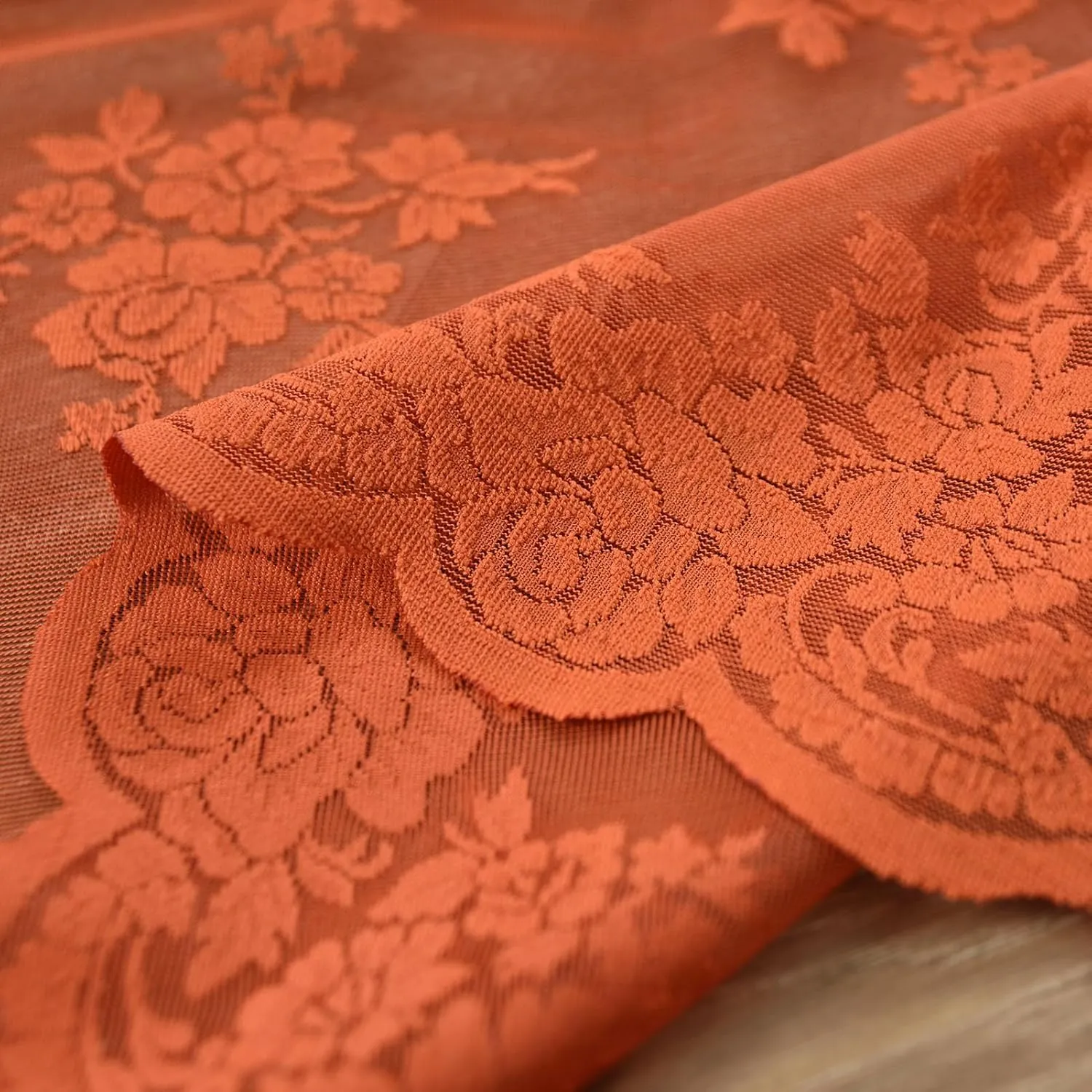 Kotile Burnt Orange Sheer Curtains for Bedroom, Country Rustic Floral Pattern Fall Curtains 63 Inch Length, Rod Pocket Privacy Scalloped Lace Rust Orange Curtain, 52 x 63 Inch, 2 Panels, Orange