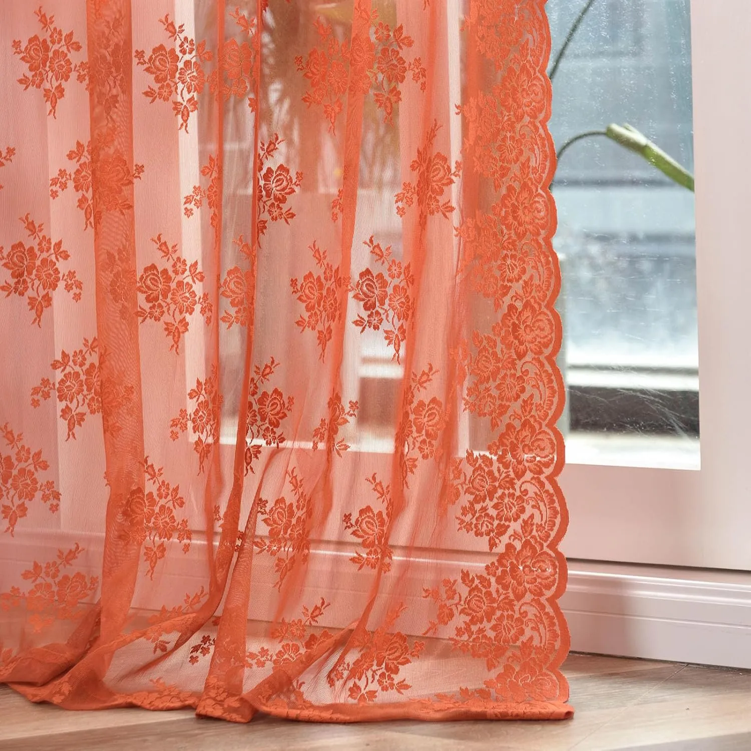 Kotile Burnt Orange Sheer Curtains for Bedroom, Country Rustic Floral Pattern Fall Curtains 63 Inch Length, Rod Pocket Privacy Scalloped Lace Rust Orange Curtain, 52 x 63 Inch, 2 Panels, Orange