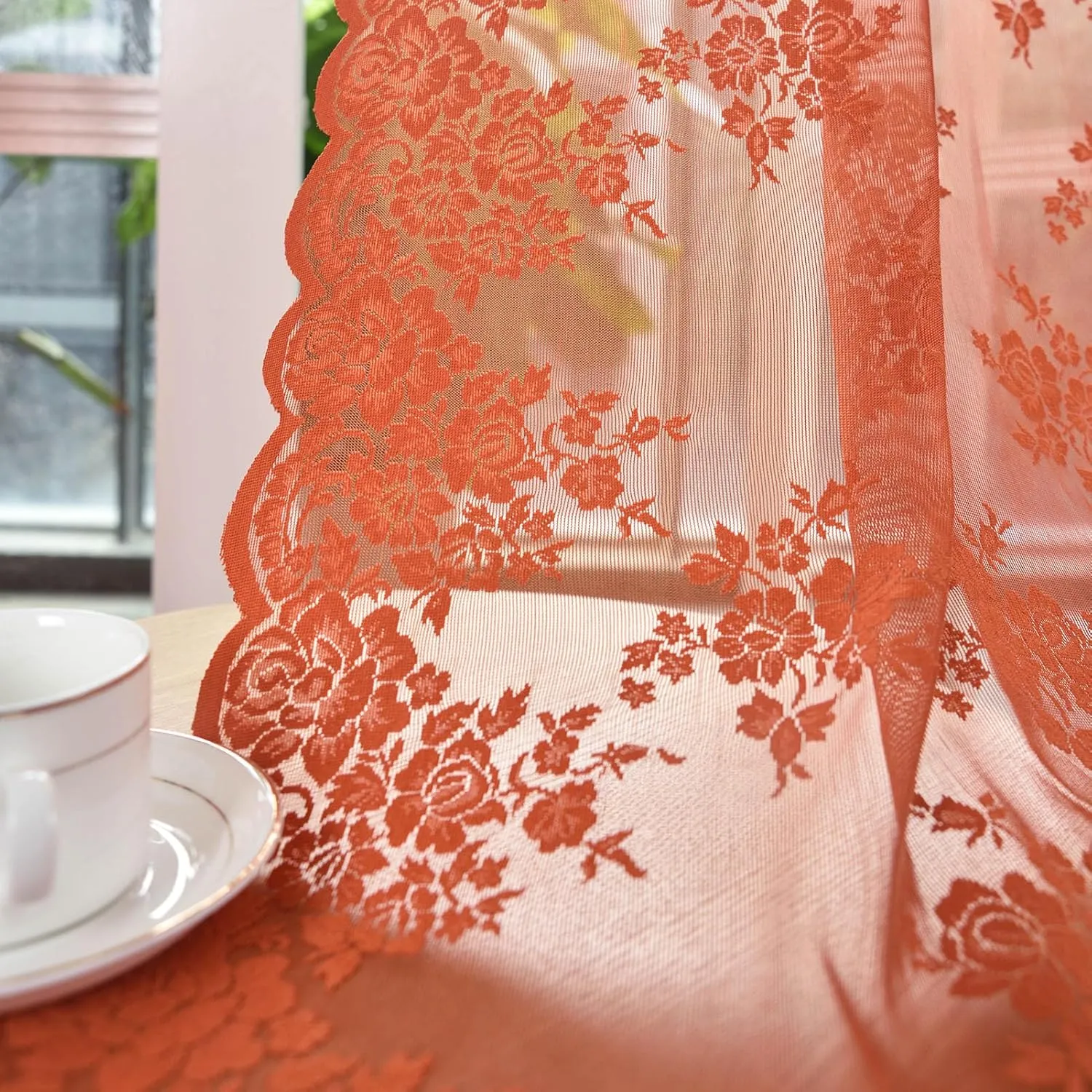 Kotile Burnt Orange Sheer Curtains for Bedroom, Country Rustic Floral Pattern Fall Curtains 63 Inch Length, Rod Pocket Privacy Scalloped Lace Rust Orange Curtain, 52 x 63 Inch, 2 Panels, Orange