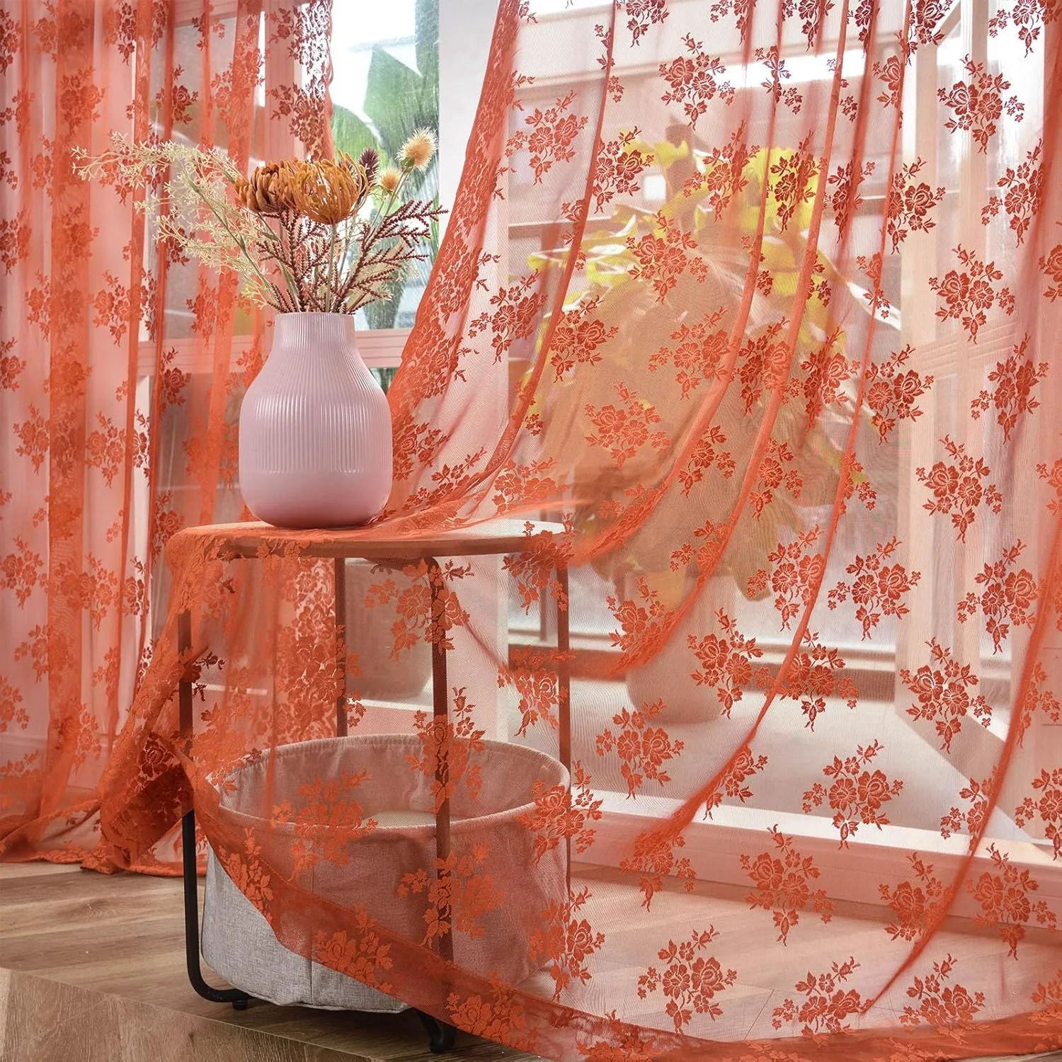 Kotile Burnt Orange Sheer Curtains for Bedroom, Country Rustic Floral Pattern Fall Curtains 63 Inch Length, Rod Pocket Privacy Scalloped Lace Rust Orange Curtain, 52 x 63 Inch, 2 Panels, Orange