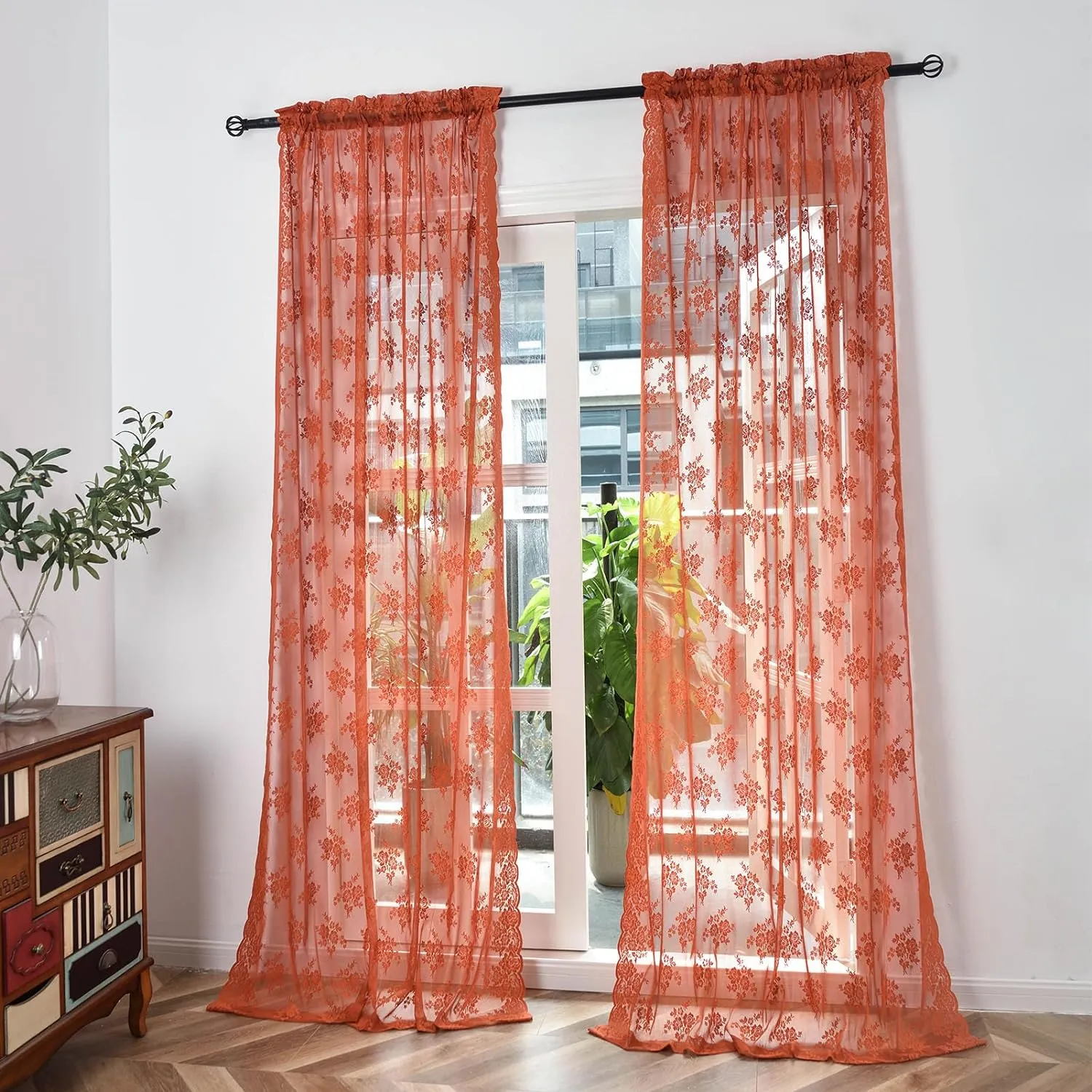Kotile Burnt Orange Sheer Curtains for Bedroom, Country Rustic Floral Pattern Fall Curtains 63 Inch Length, Rod Pocket Privacy Scalloped Lace Rust Orange Curtain, 52 x 63 Inch, 2 Panels, Orange