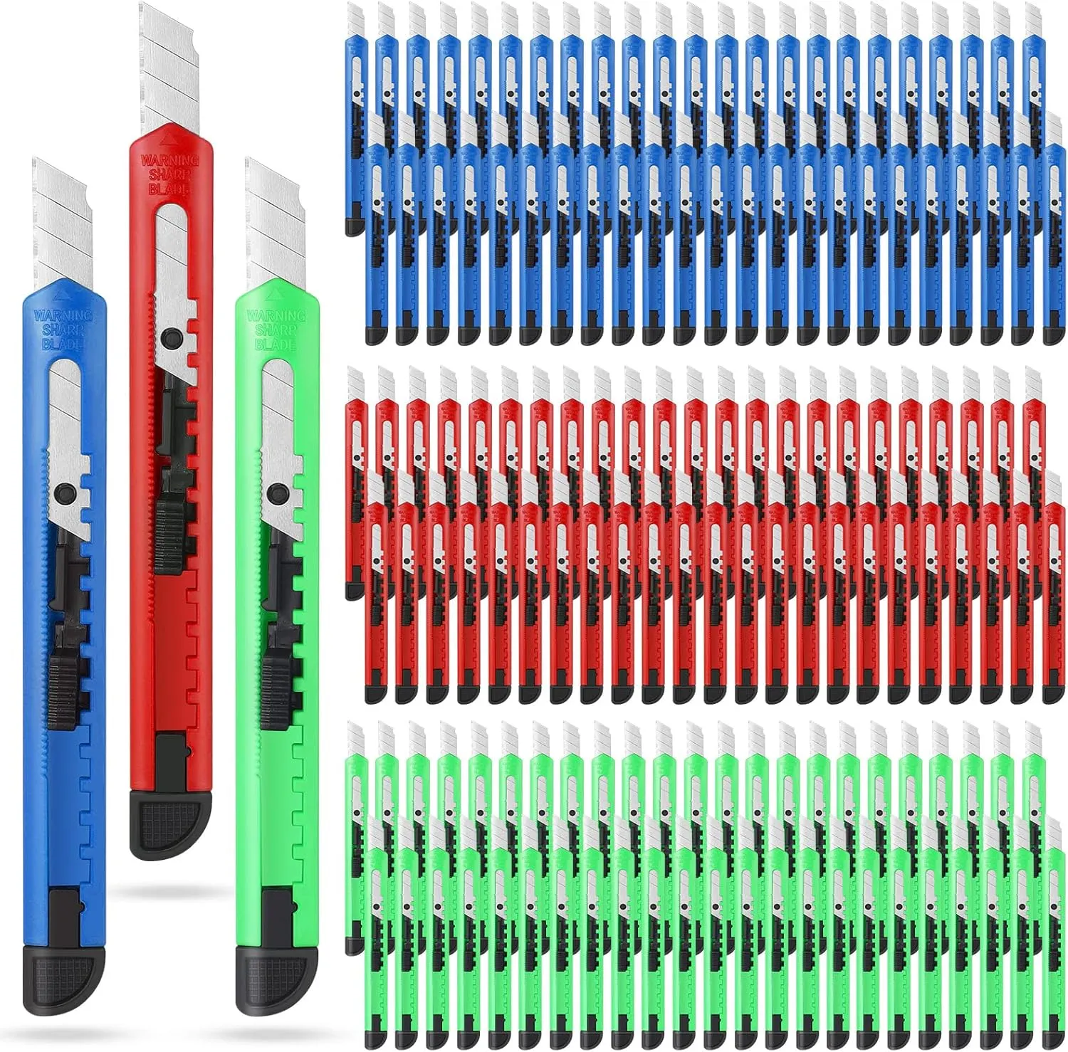 Lasnten 200 Pcs Box Cutter Utility Knife Small Retractable 9mm Wide Snap off Blade Knife Plastic Compact Box Opener with Sliding Lock Tools for Home Office Arts Crafts, 3 Colors
