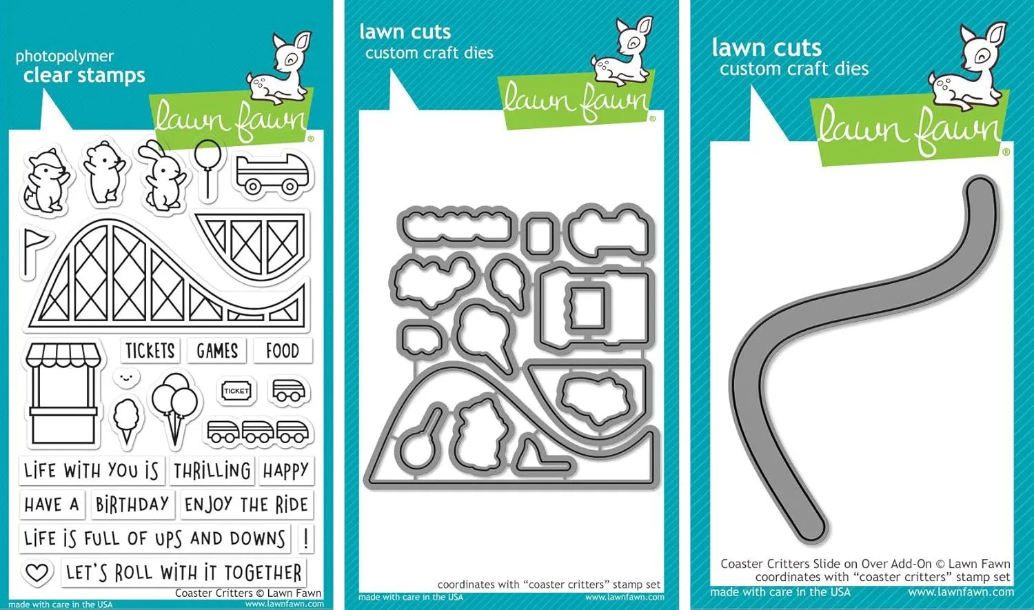 Lawn Fawn - Coaster Critters - Stamp and Dies Set - Coaster Critters Stamp, Die and Slide On Over Add-On Die - 3 Item Bundle