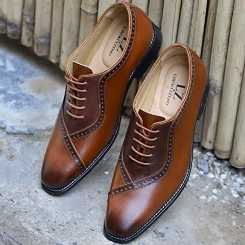 LIBERTYZENO Mens Burnished Toe Genuine Leather Adults Lace Up Oxford Dress Shoes for Prom Graduation