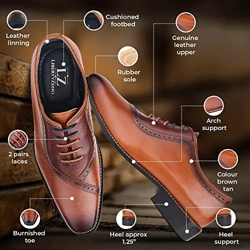 LIBERTYZENO Mens Burnished Toe Genuine Leather Adults Lace Up Oxford Dress Shoes for Prom Graduation