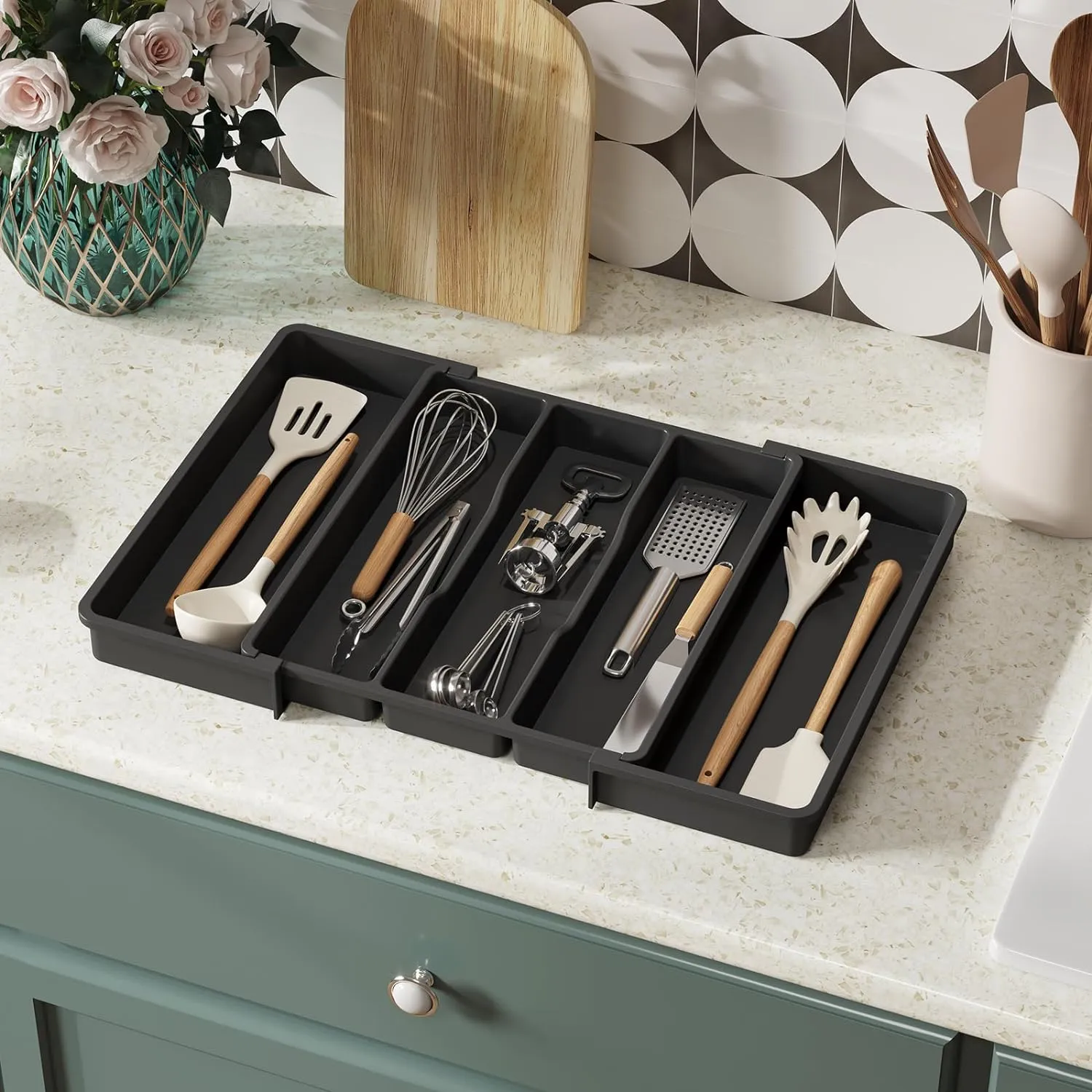 Lifewit Utensil Organizer for Kitchen Drawers, Expandable Cooking Utensil Tray, Adjustable Cutlery Silverware Flatware Holder, Plastic Kitchen Spatula Tools and Gadgets Storage Divider, 2 Pack, Black