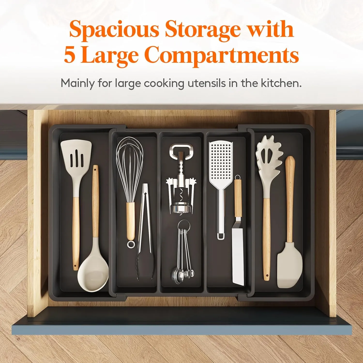 Lifewit Utensil Organizer for Kitchen Drawers, Expandable Cooking Utensil Tray, Adjustable Cutlery Silverware Flatware Holder, Plastic Kitchen Spatula Tools and Gadgets Storage Divider, 2 Pack, Black