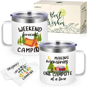LiqCool Camping Gifts: Mugs Set of 2 & Kitchen Towel, Unique Gifts for Men, Women, Couples - Outdoor, Christmas, Picnic, Hiking, RV, Birthday (White)
