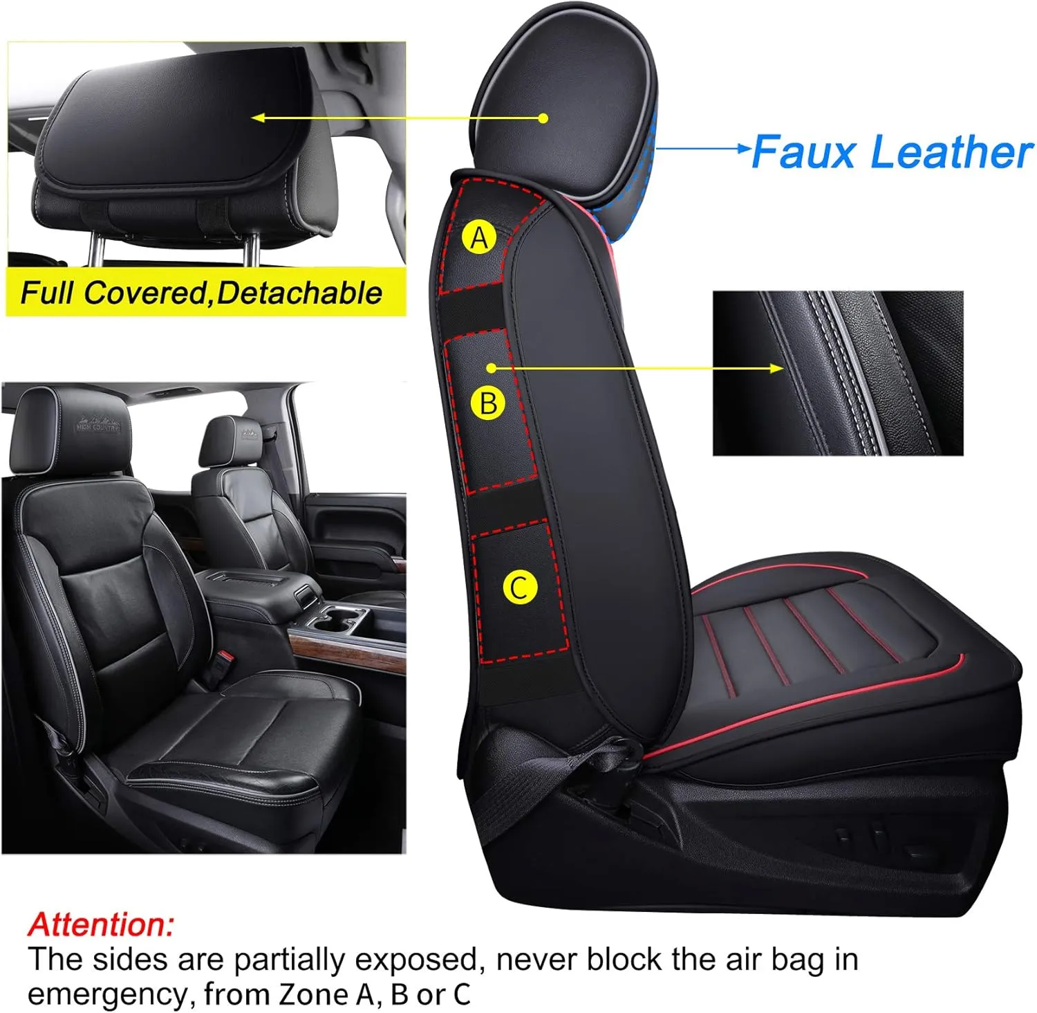 LUCKYMAN CLUB 2 Front Silverado Seat Covers Fit for 2007-2025 Sierra Chevy Silverado 1500 2500 3500 with Water Proof Faux Leather (Black & Red 2 PCS)