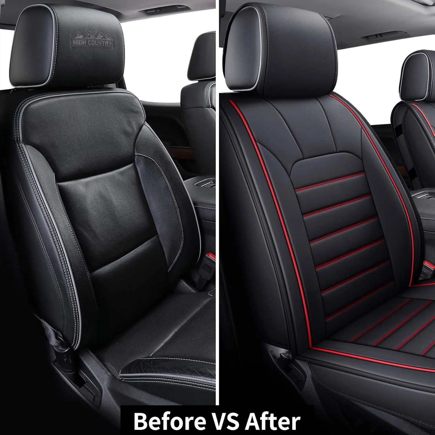 LUCKYMAN CLUB 2 Front Silverado Seat Covers Fit for 2007-2025 Sierra Chevy Silverado 1500 2500 3500 with Water Proof Faux Leather (Black & Red 2 PCS)