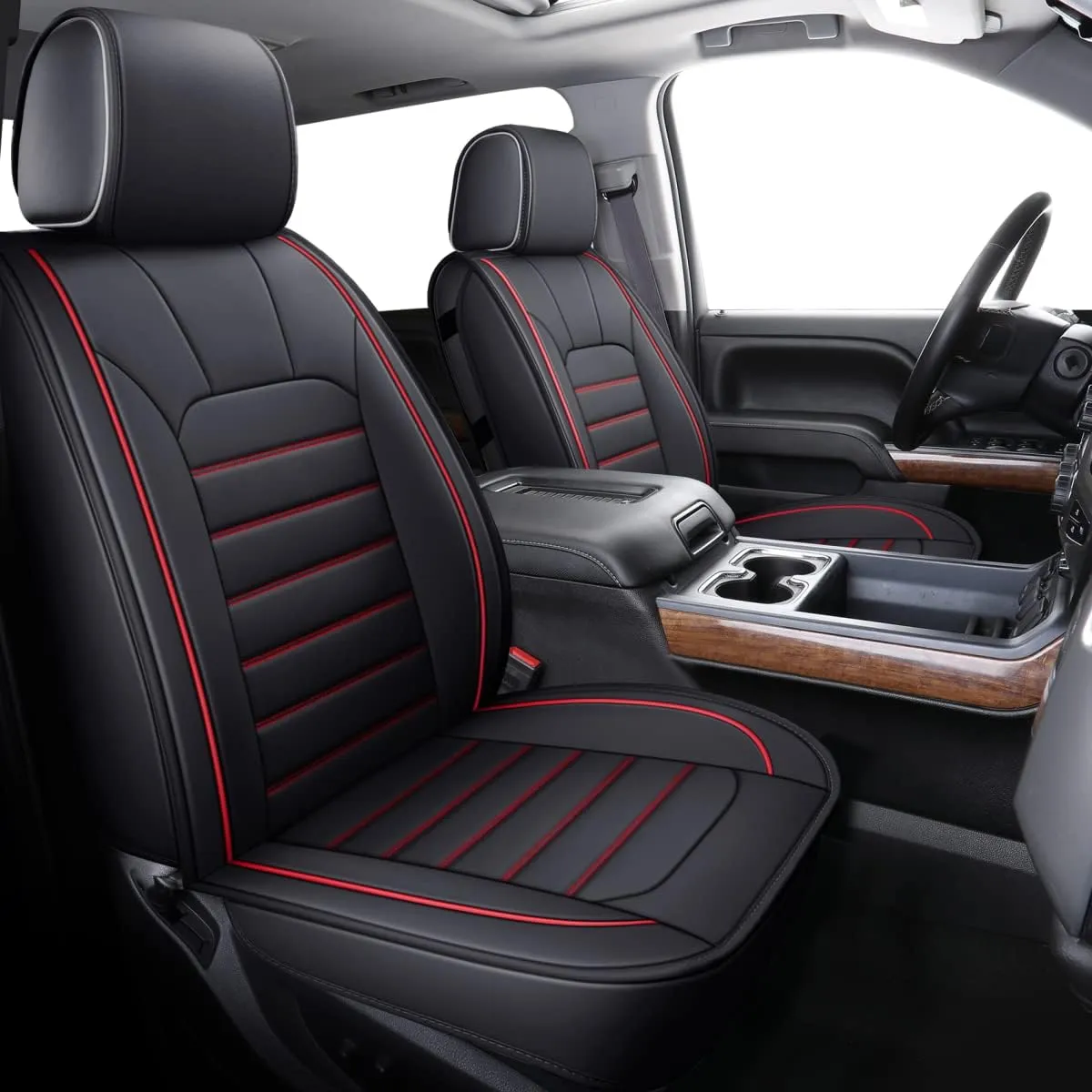 LUCKYMAN CLUB 2 Front Silverado Seat Covers Fit for 2007-2025 Sierra Chevy Silverado 1500 2500 3500 with Water Proof Faux Leather (Black & Red 2 PCS)