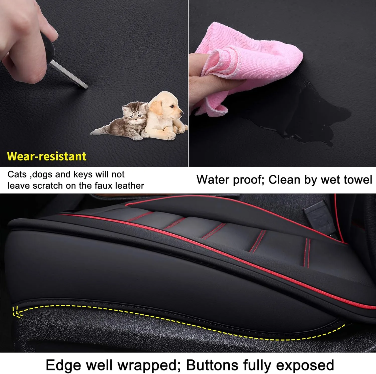 LUCKYMAN CLUB 2 Front Silverado Seat Covers Fit for 2007-2025 Sierra Chevy Silverado 1500 2500 3500 with Water Proof Faux Leather (Black & Red 2 PCS)