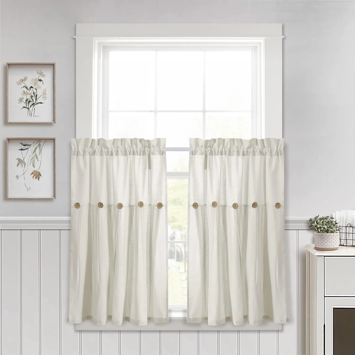 Lush Decor Linen Button Farmhouse Kitchen Tier Set, Pair, 29" W x 36" L, Off White - Cafe Curtains