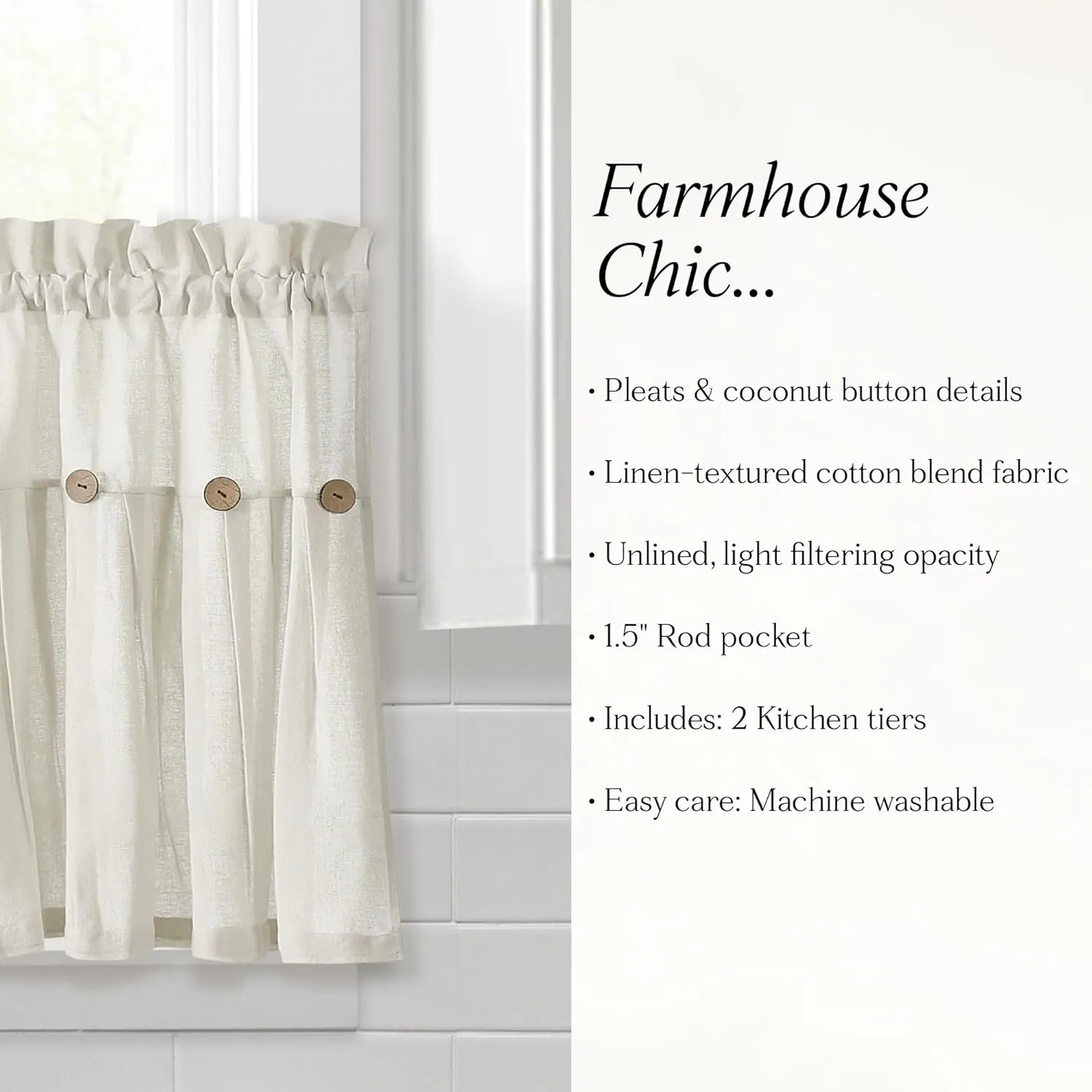 Lush Decor Linen Button Farmhouse Kitchen Tier Set, Pair, 29" W x 36" L, Off White - Cafe Curtains