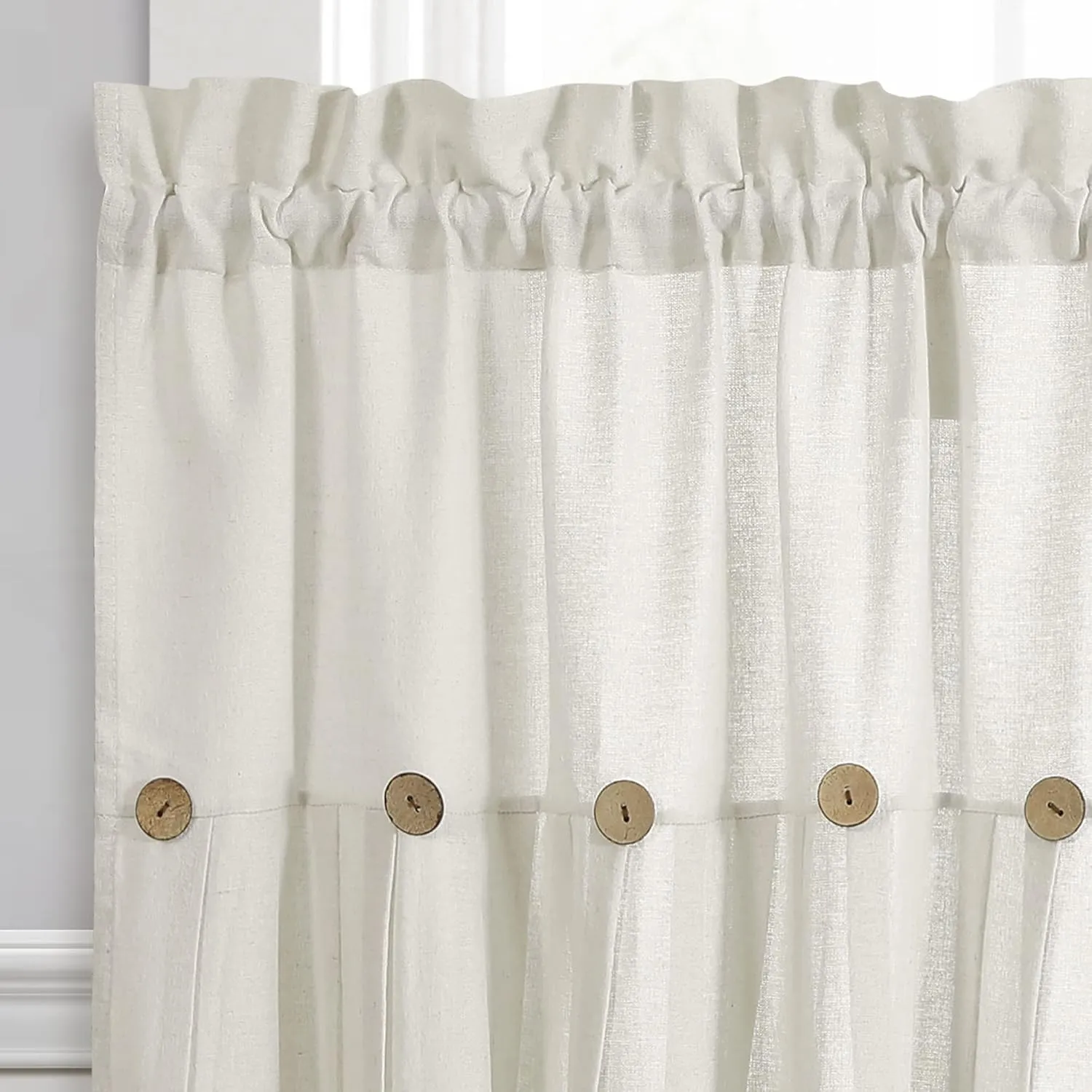 Lush Decor Linen Button Farmhouse Kitchen Tier Set, Pair, 29" W x 36" L, Off White - Cafe Curtains