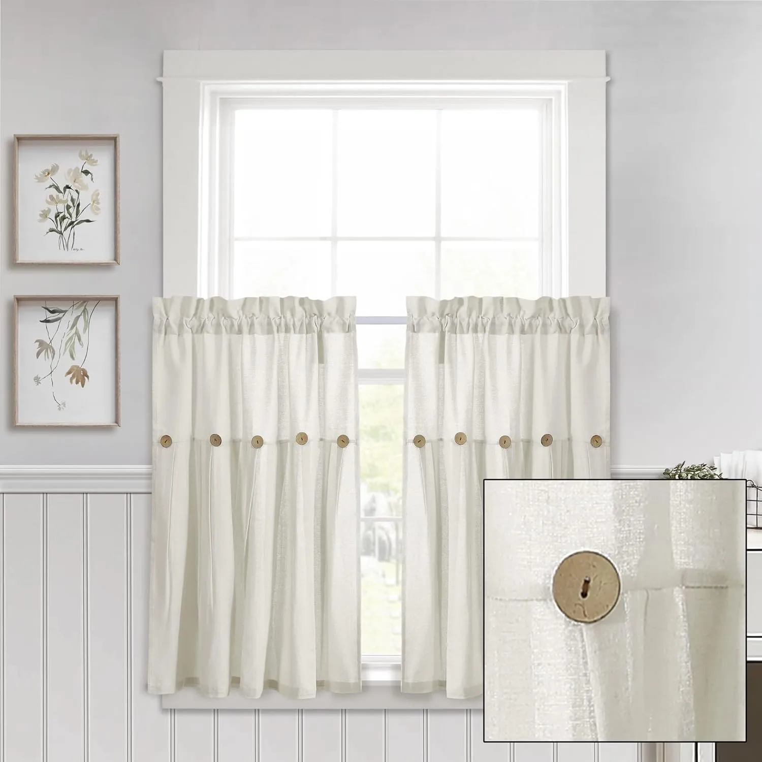 Lush Decor Linen Button Farmhouse Kitchen Tier Set, Pair, 29" W x 36" L, Off White - Cafe Curtains