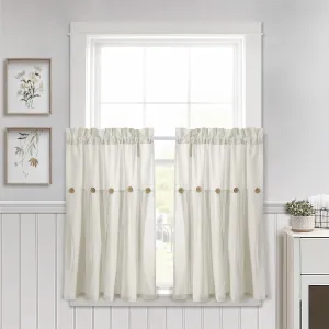 Lush Decor Linen Button Farmhouse Kitchen Tier Set, Pair, 29" W x 36" L, Off White - Cafe Curtains