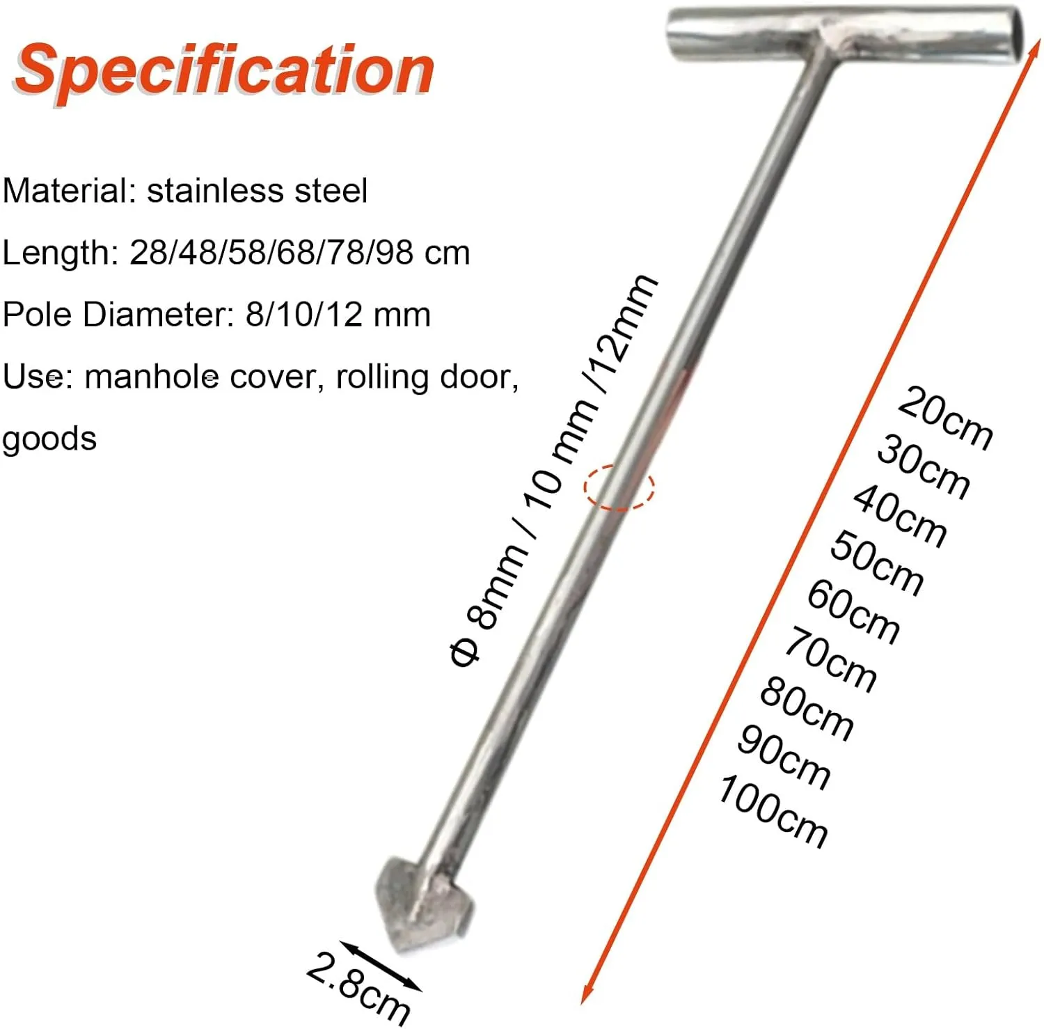 Manhole Cover Lifter Stainless Steel, 1m 90 80 70 60 50 cm Long Solid Hand Pull Hook, Protable Wheel Pin Puller for Concrete Septic Covers/Drainage Grid(Dia-8mm,L - 20cm)