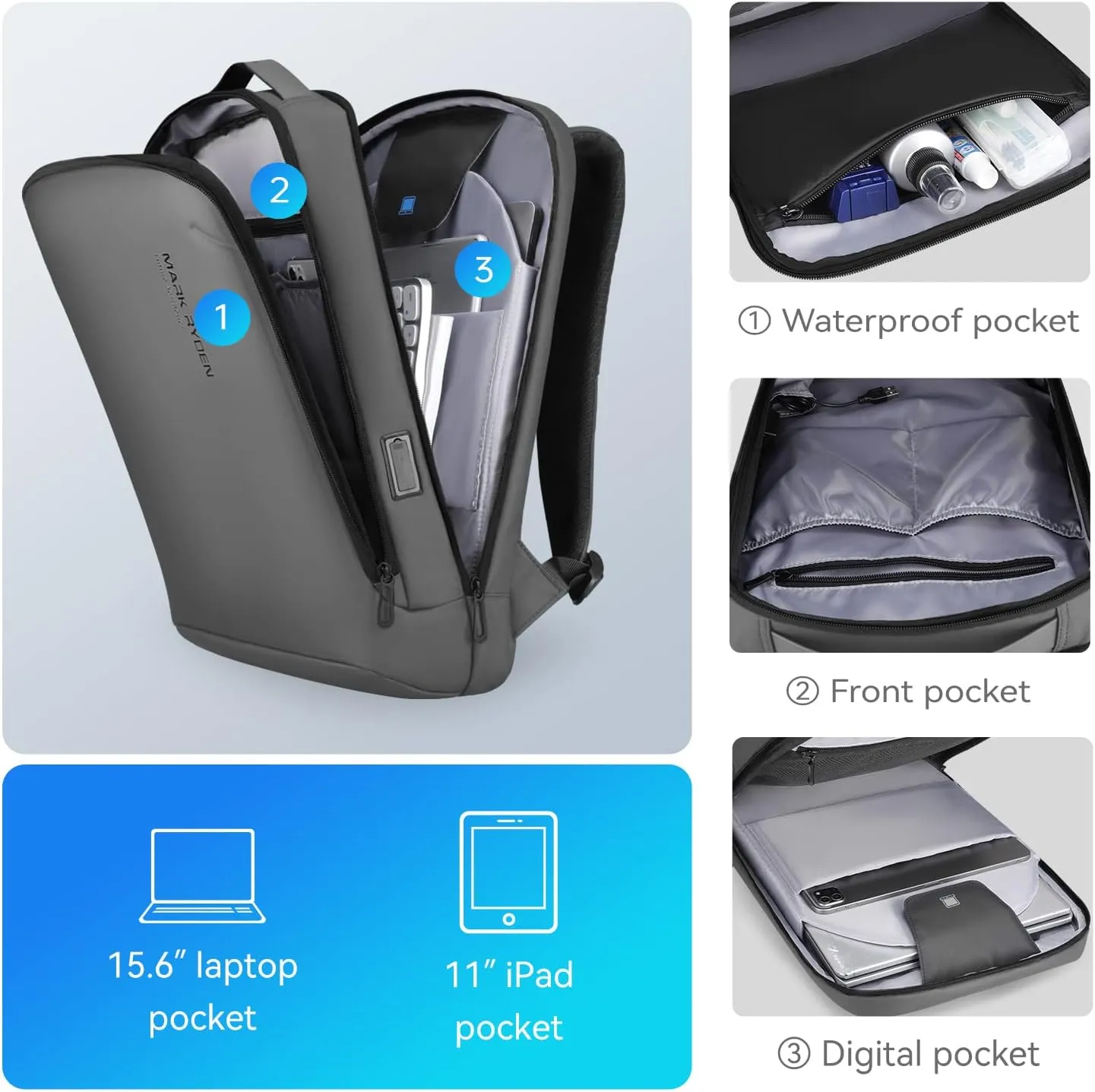 MARK RYDEN Slim Laptop Backpack for Men, High Tech Backpack with Scratch Resistant Shell and USB Charging Port, Waterproof Business Backpack Ideal for Working, Commuting, Daily