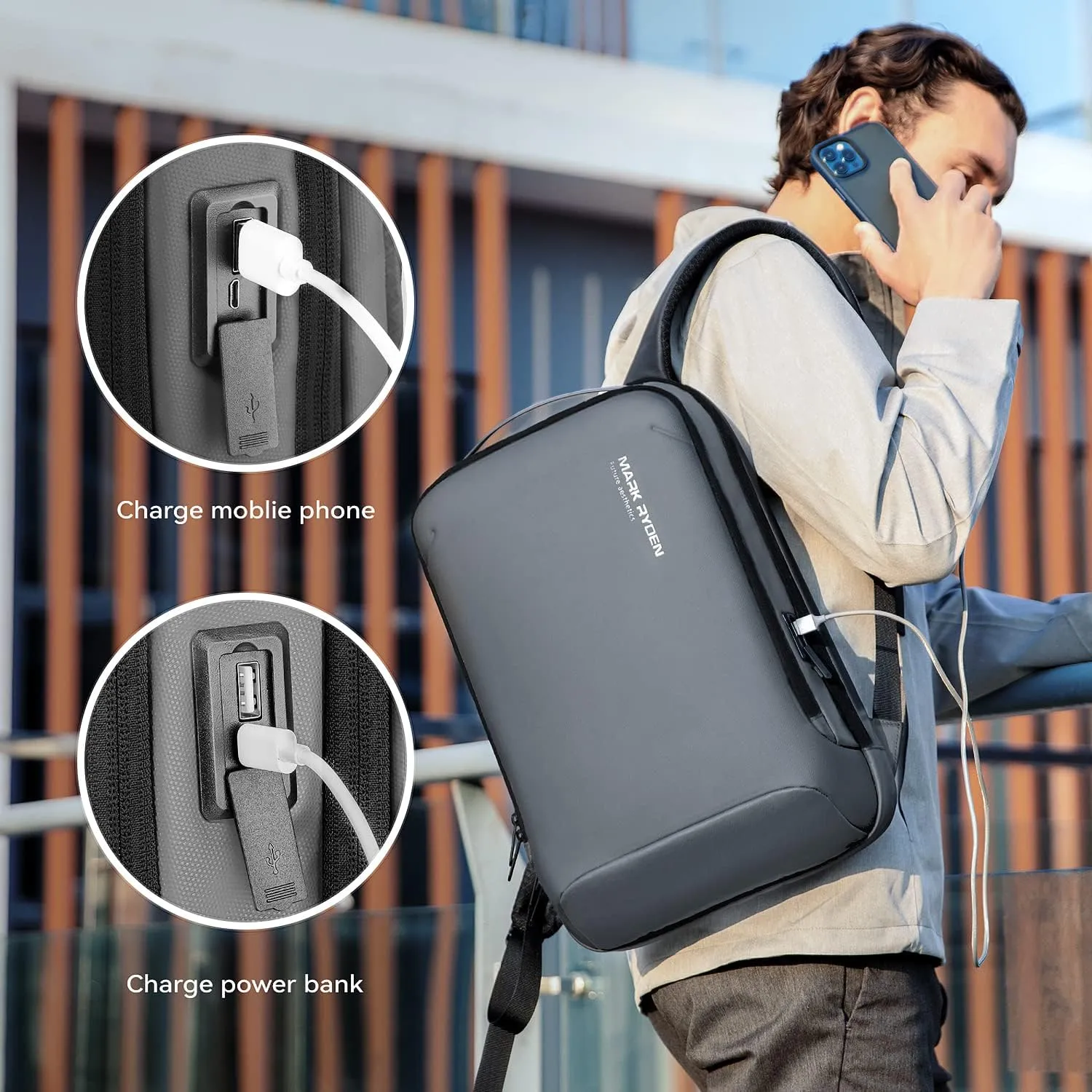 MARK RYDEN Slim Laptop Backpack for Men, High Tech Backpack with Scratch Resistant Shell and USB Charging Port, Waterproof Business Backpack Ideal for Working, Commuting, Daily