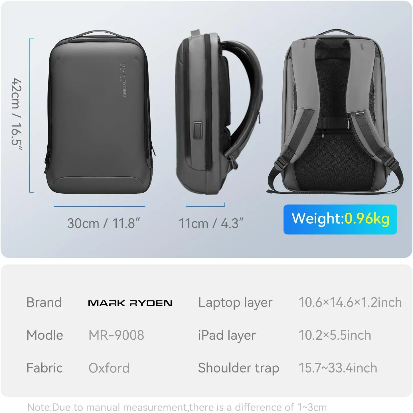 MARK RYDEN Slim Laptop Backpack for Men, High Tech Backpack with Scratch Resistant Shell and USB Charging Port, Waterproof Business Backpack Ideal for Working, Commuting, Daily