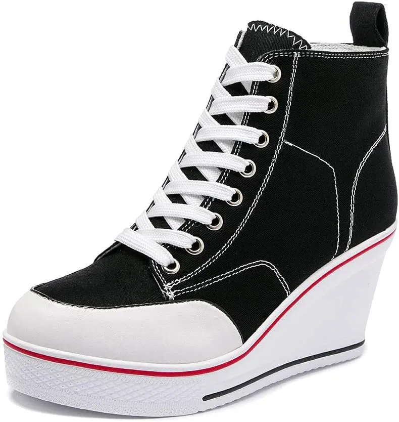 Mei MACLEOD High Heel Sneakers for Women Wedge Heel Sneaker with Side Zipper Casual Lace Up Canvas Shoes for College Students