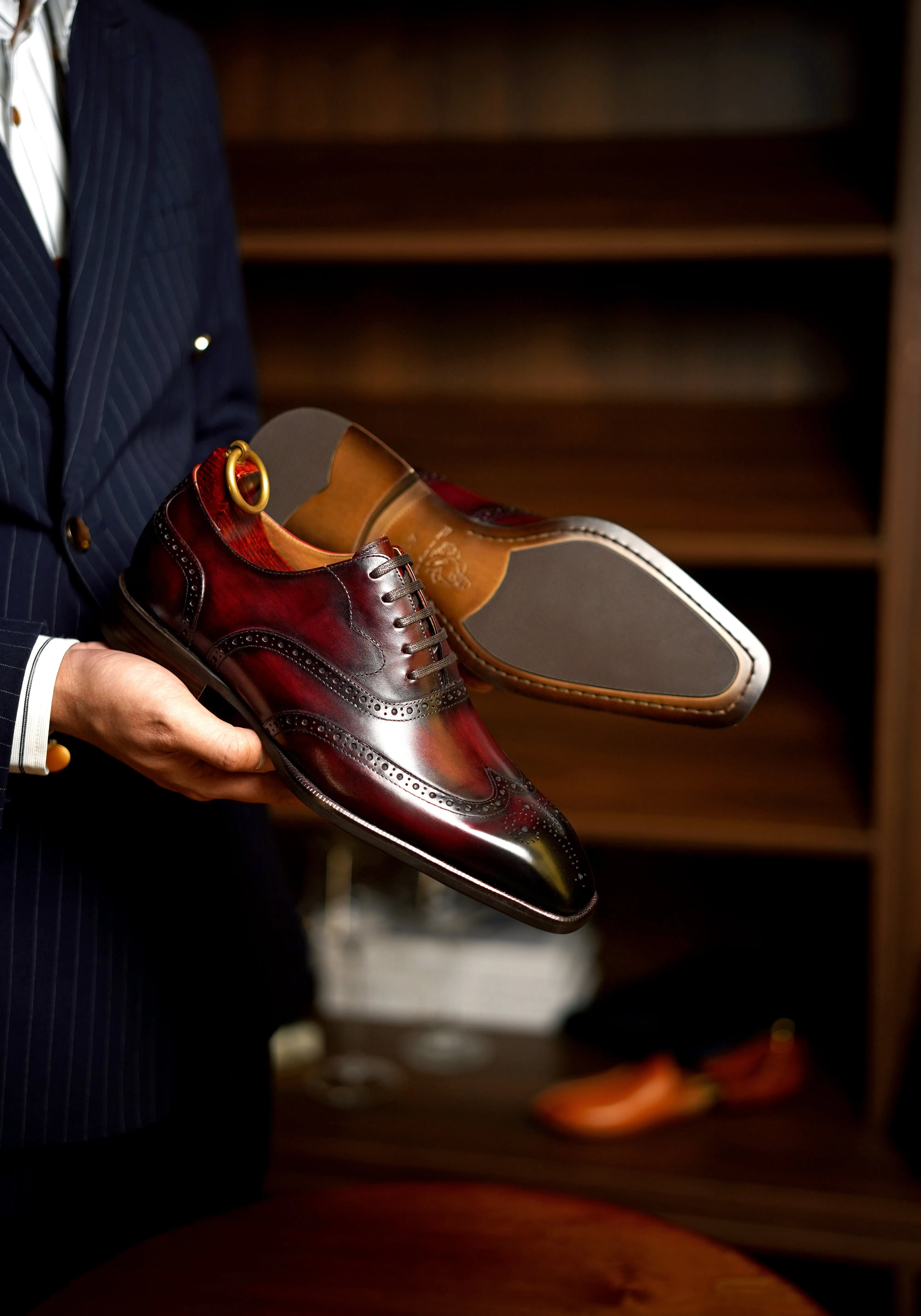 Men's Bordeaux Hand-Painted Wingtip Oxfords