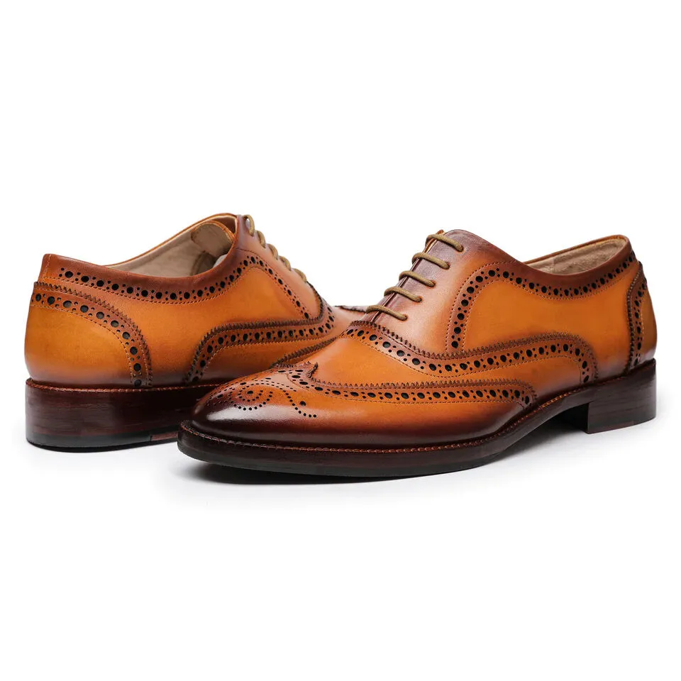 Men's Wingtip Dress Shoes, Handmade Tan Leather Oxford