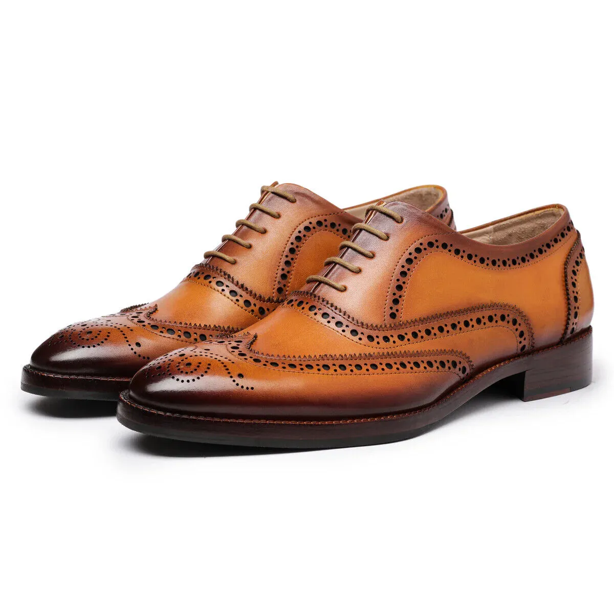 Men's Wingtip Dress Shoes, Handmade Tan Leather Oxford