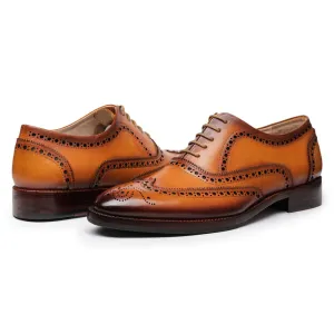Men's Wingtip Dress Shoes, Handmade Tan Leather Oxford