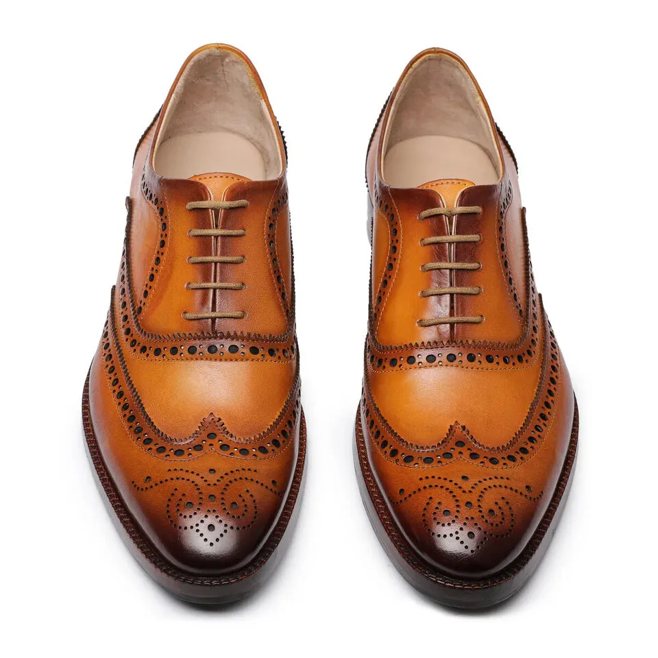 Men's Wingtip Dress Shoes, Handmade Tan Leather Oxford