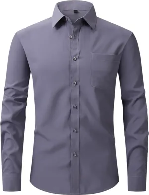 Men's Wrinkle Free Cotton Shirts Long Sleeve Button Down Blouses Stretch Business Casual Shirt Solid Lapel Outfits