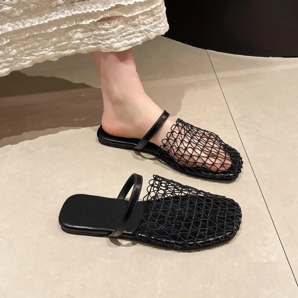 Mesh Flats for Women Causal Slip on Closed Toe Fishnet Flats Sandals Dress Mules Comfortable Summer Beach Slippers 2025