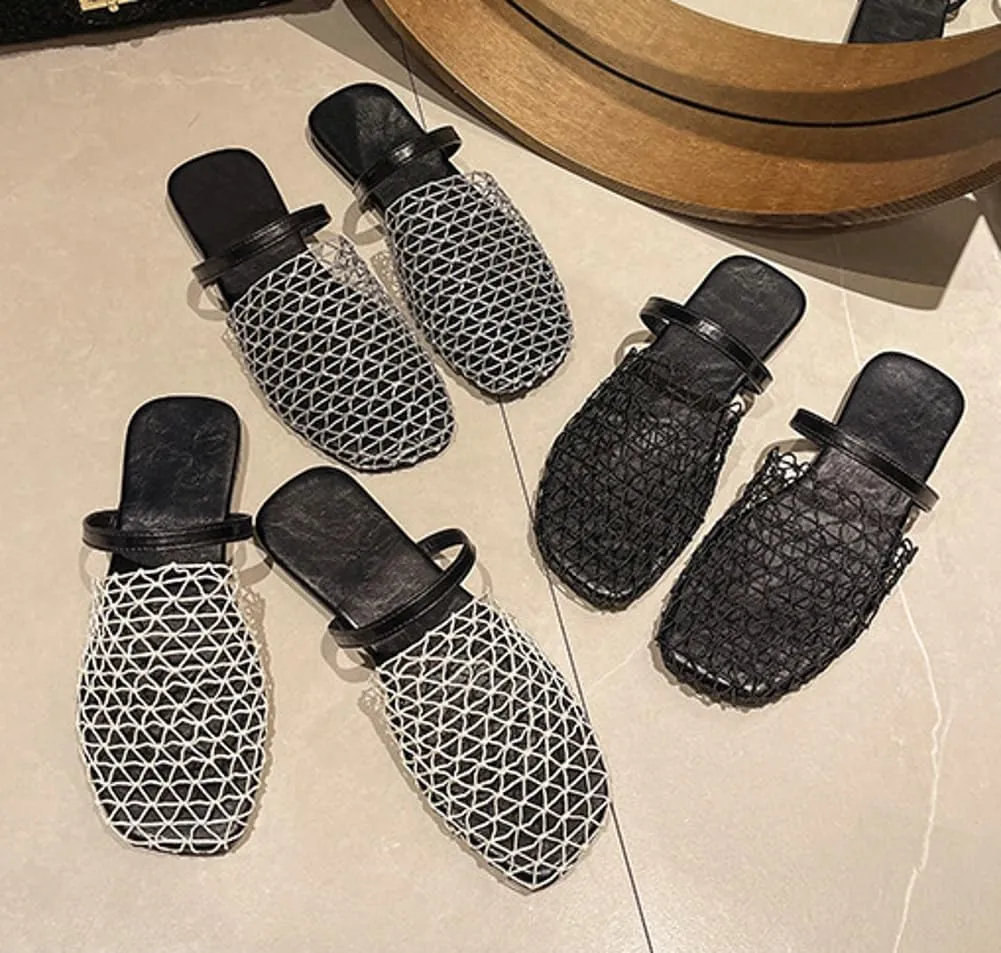 Mesh Flats for Women Causal Slip on Closed Toe Fishnet Flats Sandals Dress Mules Comfortable Summer Beach Slippers 2025
